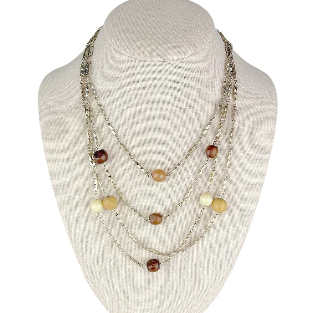 Express Sterling Silver 3-Tier Layered Necklace – Wood Bead Accents, Adjustable